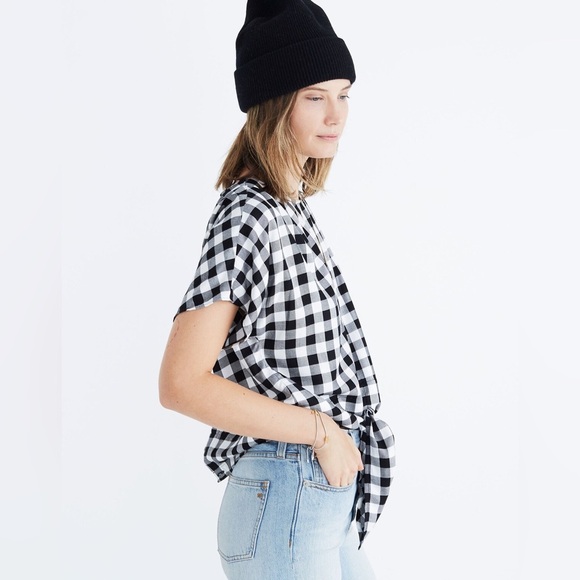 Madewell Button-Back Tie Tee in Buffalo Check in True Black - Size S - Picture 3 of 4